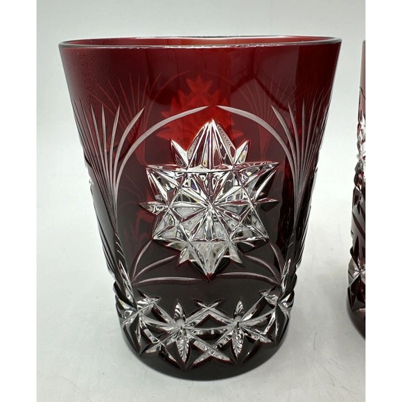2 Bohemian AJKA Crystal Ruby Red Etched Glasses Snowflake Winter Holiday RARE - Picture 3 of 13